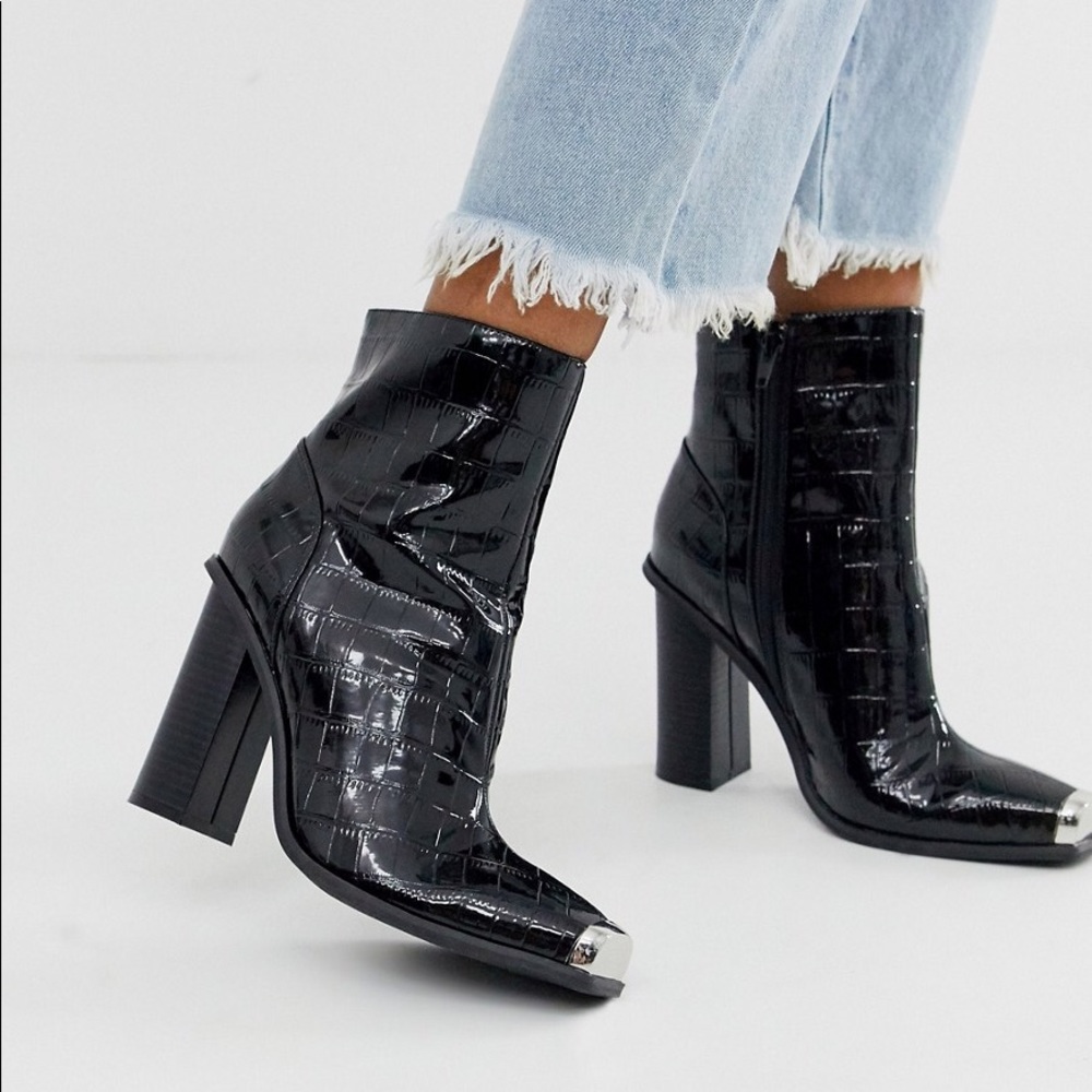 Public Desire Black Croc Toe Cap Ankle Boots